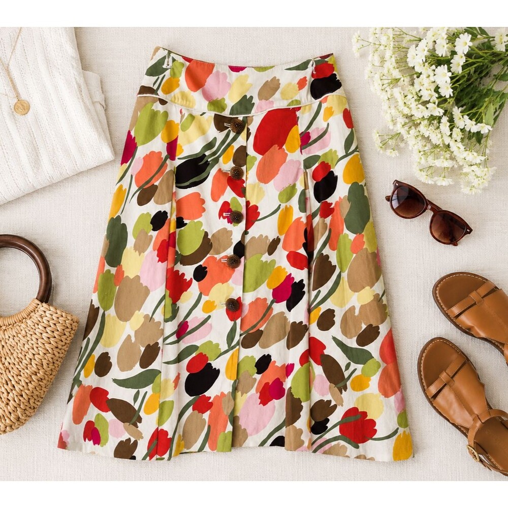 Talbots Stretch Floral A-Line Skirt Womens 6 Button Front Cotton Lined knee